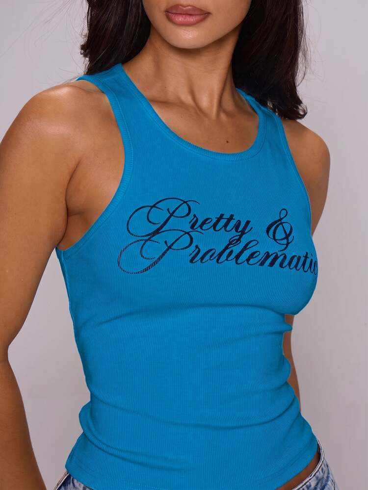 MUSERA Graphic Tank 'Pretty & Problematic' Spring Summer Festival Ibiza Holiday Y2K Vintage - Blue - View 6