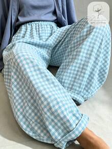 SoleilVie Blue Plaid Plus Size Women's Curved Leg Pants With Pockets - Blue - View 3
