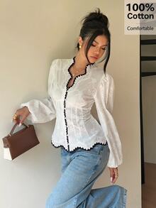 Siren Gaze Women's Embroidered Openwork Top, V-Neck With Lace Trim, Long Puff Sleeves, Front Tie Waist, Short Shirt, Available In White, Cream, And Ivory. French Romantic Style, Sweet And Fashionable, Suitable For Casual Dates, Summer, Spring, And Autumn. - White - View 4