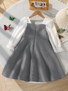 SHEIN 白色黑色拼接長袖羊腿袖3D花朵洋裝 時尚優雅仙女公主風 舒適 適合嬰兒洗禮 7歲生日派對 秋季 - 彩色 - 查看 2