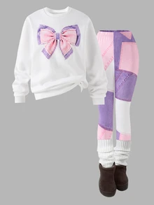 SHEIN Sparklyn Tween Girls T-Shirt Set, Pink Purple, Top + Long Pants 2 Pieces Set, Loose Fit, Daily Wear, Fashionable Versatile, Casual, Collar, Round Neck, Print, Zipper, Comfortable, Autumn, Cute - White - View 4
