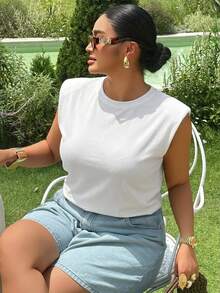 Dazy Plus Solid Color Casual Round Neck Sleeveless Blogger Style Versatile Plus Size Women Spring Summer Brown T-Shirt - White - View 3