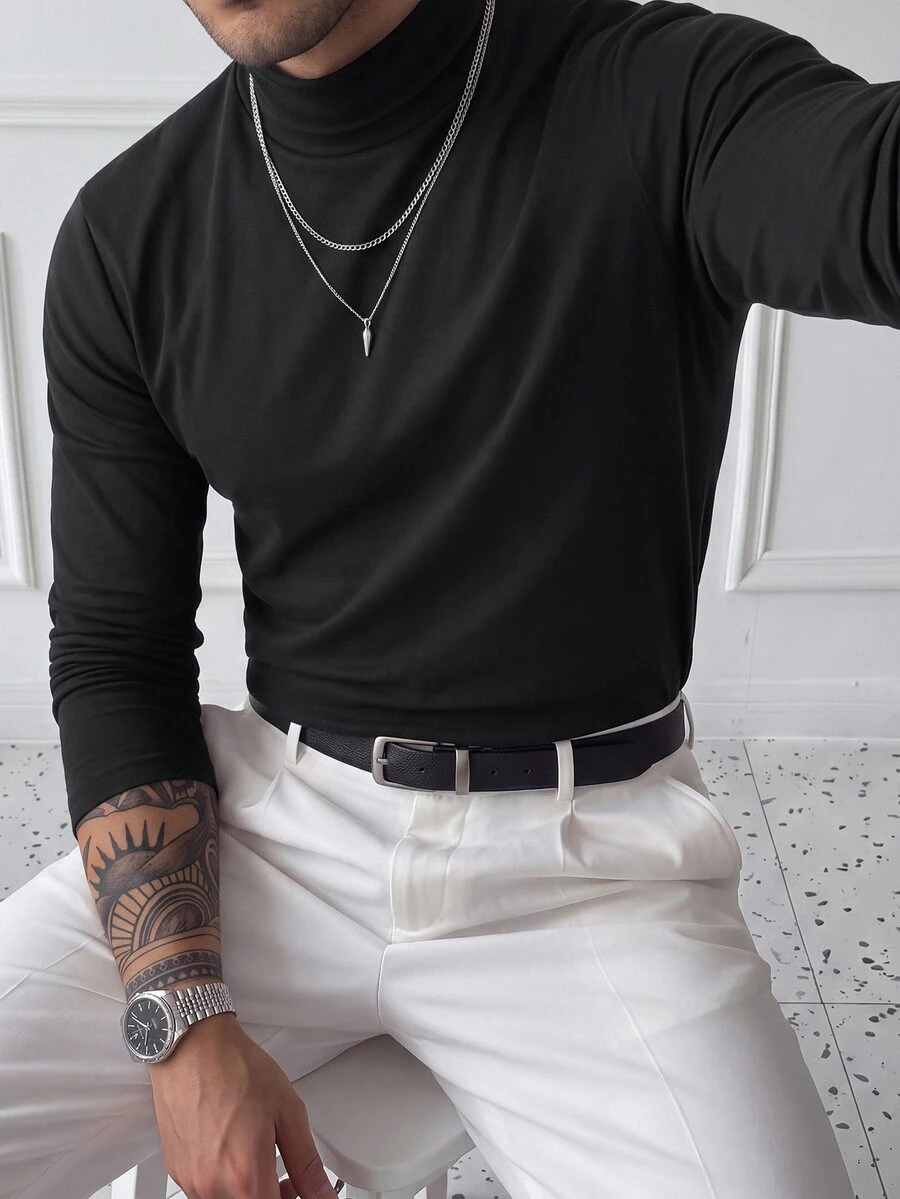 HUEFORM Autumn/Winter Men's Black T-Shirt, Classic Crew Neck Versatile Style, Thermal Lined, Very Warm. - Black - View 1
