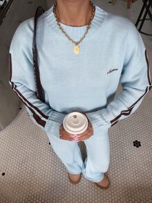 Muchica Women's Autumn/Winter New Light Blue Patchwork Striped Casual Loose Round Neck Sweater 2pcs Set - Blue - View 5