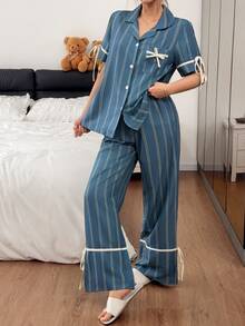Napfluff 條紋印花休閒居家服撞色翻領短袖女款睡衣長褲套裝 - 青碧色 - 查看 1