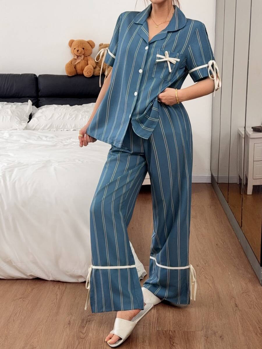 Napfluff 條紋印花休閒居家服撞色翻領短袖女款睡衣長褲套裝 - 青碧色 - 查看 1