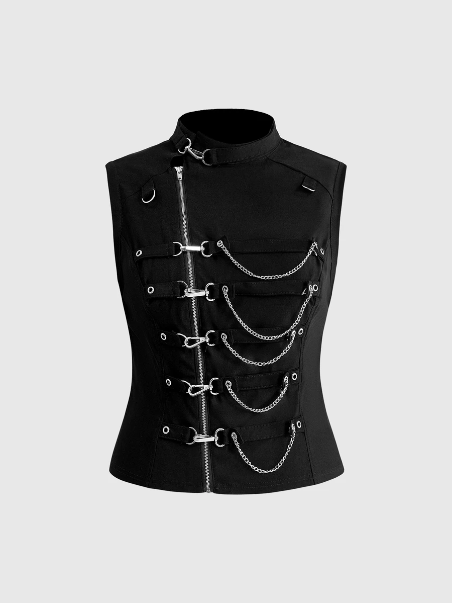 ROMWE Grunge Punk Women's Plus Size Stand Collar Sleeveless Metal Decor Fitted Blouse - Black - View 1