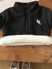 SHEIN 2件組男嬰可愛黑色馬刺繡半拉鍊羅紋長袖小立領厚款戶外冬季聖誕秋季假期運動衫褲套裝 - 黑色 - 查看 4
