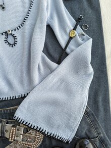 Jeanoix Vintage Contrast Color Trim Hollow Placket Bell Sleeve Knit Top Slim Fit Short Length Low Round Neck Women Sweater - Blue - View 6