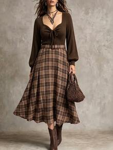 Auvina Plus Size Women's Woven Elegant Fall Long Dress - Brown - View 1