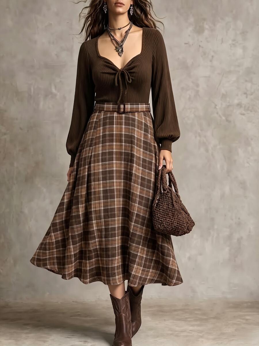 Auvina Plus Size Women's Woven Elegant Fall Long Dress - Brown - View 1