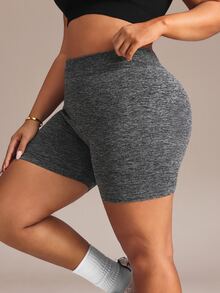 SHEIN Rhythm Era Women's Plus Size Solid Color High Waist Daily Fitness Sports Shorts - Dark Grey - View 4