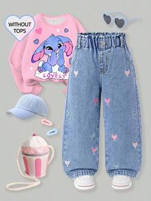 Young Girl Fall/Winter Y2k Colorful Heart Embroidery Pattern Blue Denim Loose Waist Jeans, For Daily And Streetwear - Light Wash - View 1