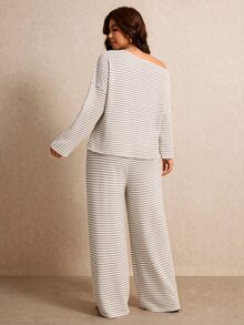 Elaquor Plus Size Women's Striped Asymmetrical Shoulder Long Sleeve T-Shirt And Pants Casual 2 Pieces Set - Apricot - View 2