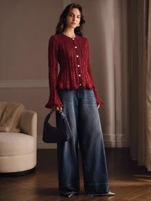Anewsta 女款藍色寬鬆舒適針織開襟衫，適合度假與外出穿著 - 酒紅色 - 查看 5