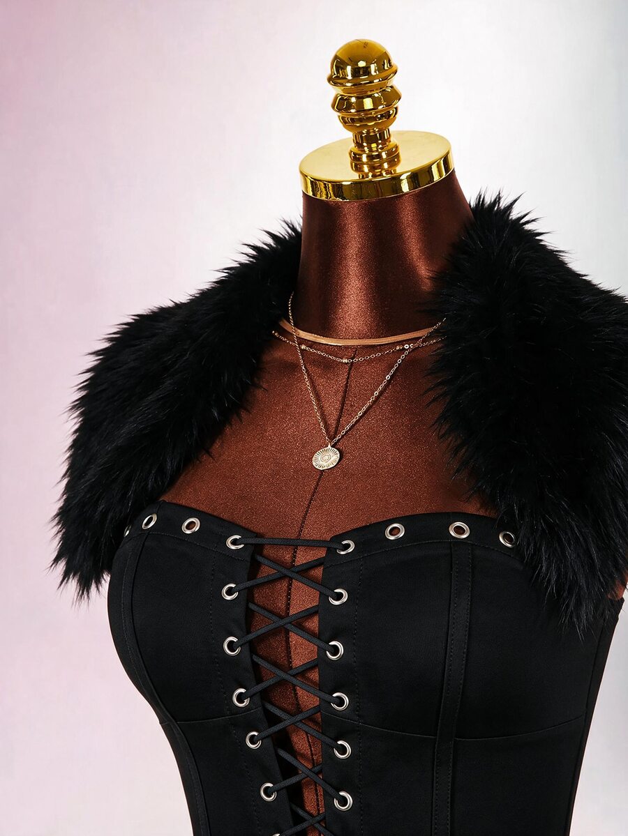 Amplova Faux Fur Collar High Elasticity Color Block Bodycon Tight Waist Cinched Bodycon Eyelet Super Short Mini Women Bodysuit - Black - View 1