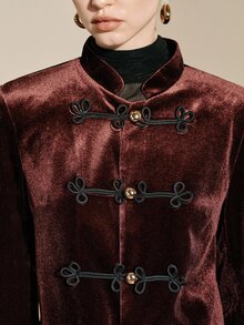 Arave Autumn/Winter Stand Collar Korean Fleece National Style Frog Button Metal Buckle Women's Blazer Jacket - Burgundy - View 1