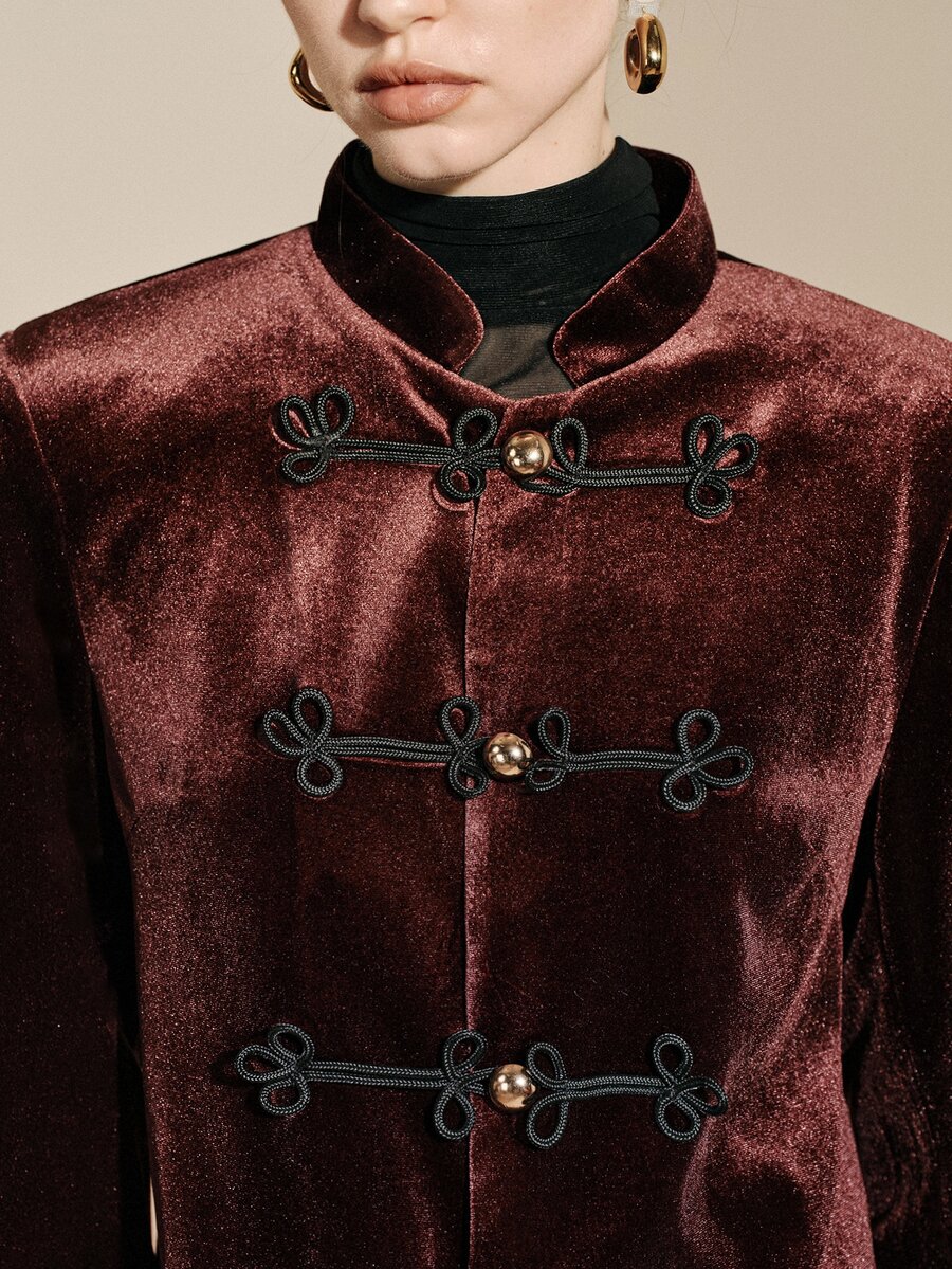 Arave Autumn/Winter Stand Collar Korean Fleece National Style Frog Button Metal Buckle Women's Blazer Jacket - Burgundy - View 1