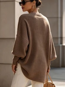 SHEIN Holidaya 法式設計靈感仿毛衣針織羅紋不對稱通勤內搭百搭外套優雅時尚休閒女款T恤 - 棕色 - 查看 2