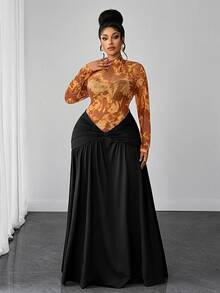 Maweii Plus Size Orange Mesh Patchwork Fitted Long Sleeve Waist-Cinching Dress For Women - Orange - View 1