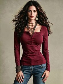 Trelyra Women's Casual Oversized Scoop Neck Button Design Long Sleeve T-Shirt - Burgundy - View 7