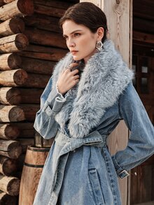 Anewsta Women's Fashion Faux Fox Fur Button Denim Jacket - Blue - View 3