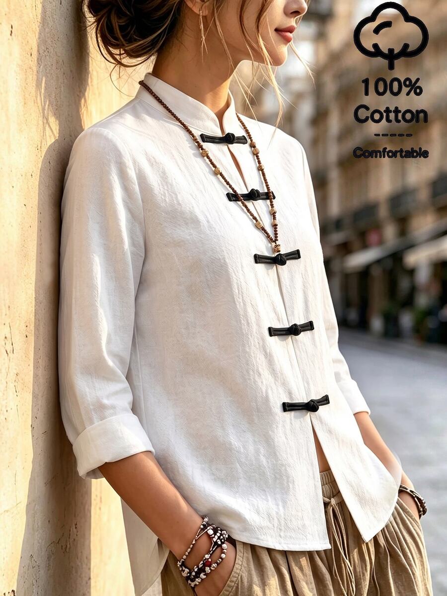 Balvessa Outerwear Wanita Gaya Tionghoa Baru Tekstur Kain Kerah Tegak Kancing Depan Minimalis Longgar untuk Harian - Hitam dan Putih - View 1