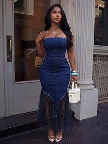 Slaydiva Women's Strapless High Waist Fitted Denim Dress With Tassels - Dark Wash - View 4