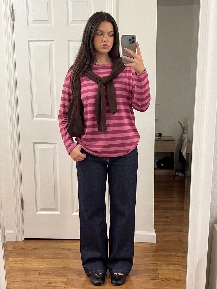 Comfortcana Plus Size Korean Style Minimalist Striped Colorblock Long Sleeve Crew Neck T-Shirt - Watermelon Pink - View 1