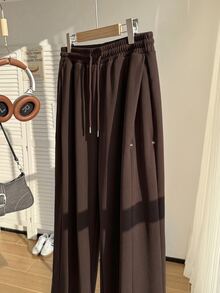 SHEIN EZwear Chocolate Brown Plus Size Spring/Summer Versatile Drawstring Sweatpants - Chocolate Brown - View 12