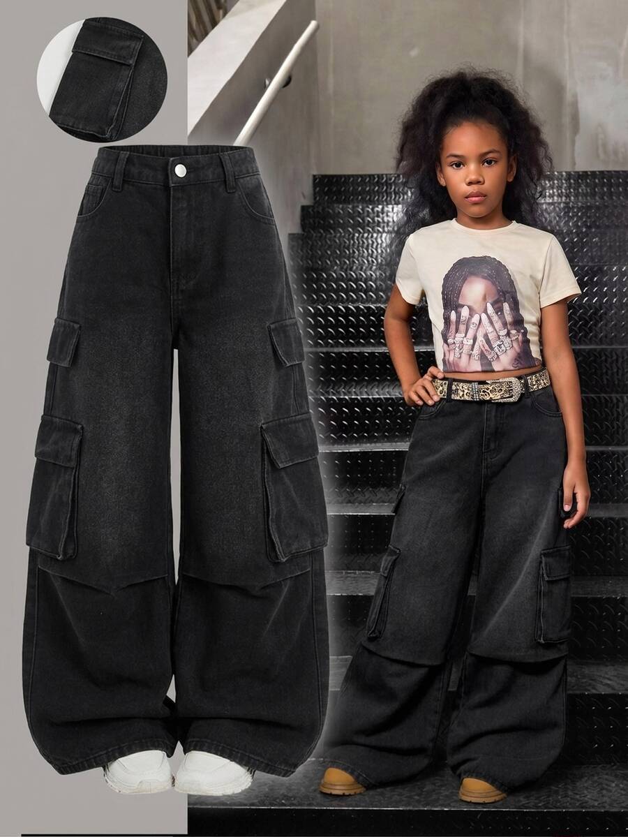 SHEIN Kids Tween Girls Jeans - Black - View 1
