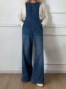 Livesso Autumn Blue Spaghetti Strap Button Washed Loose Pocket Decor Casual Women's Denim Overalls Jumpsuit - Blue - View 4