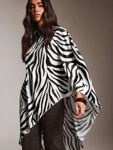 COSMINA Atasan Asimetris Motif Zebra Elegan Kasual Terbaru untuk Wanita - Hitam dan Putih - View 7