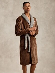 EverLounge Men's Autumn/Winter Minimalist Basic Fashion Comfortable British Style Embroidered Red Brown Flannel Contrast Dark Grey Double-Sided Fleece Shawl Collar Long Home Wear Robe Coat - Brown - View 4