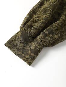 Velvienne Olive Green Floral Lace Blouse, High Neck Bowknot Ribbon Lantern Long Sleeve Commuter Top Fall - Olive Green - View 7