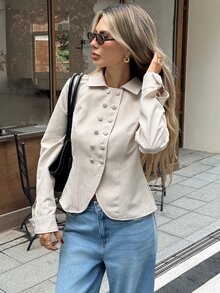 SHEIN Frenchy Women's Solid Color Long Sleeve Double-Breasted Casual Jacket,Fall/Winter Elegant Formal Luxury Business Chic Basic Christmas Back To School - Apricot - View 1