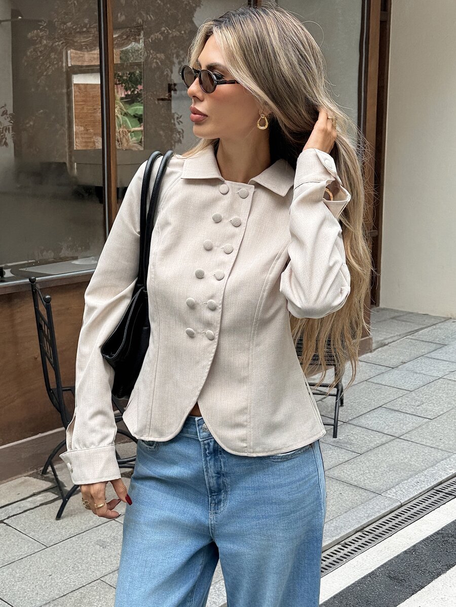 SHEIN Frenchy Women's Solid Color Long Sleeve Double-Breasted Casual Jacket,Fall/Winter Elegant Formal Luxury Business Chic Basic Christmas Back To School - Apricot - View 1
