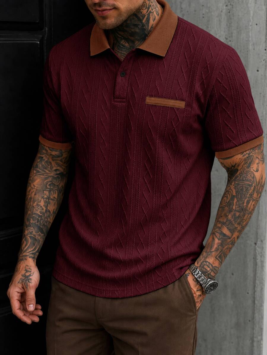 EGENSIO Men's Knitted Jacquard Solid Color Textured Apricot & Deep Brown Ribbed Collar & Cuffs Two White Buttons Polo Shirt - Burgundy - View 1
