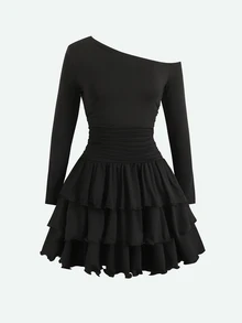 SHEIN Teen Girl Spring Autumn Winter New Casual Elegant Academy Style French Asymmetrical Shoulder Neckline Ruched Patchwork Layered Ruffle Hem Cake Pleat Long Sleeve Dress, Party, Daily Wear, Black Dress - Black - View 2