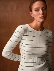 MOTF PREMIUM WOMEN'S ELEGANT STRIPED COLORBLOCK LONG SLEEVE SWEATER, AUTUMN/WINTER - Black and White - View 1