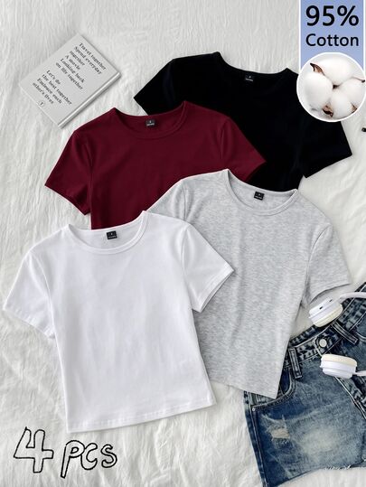 Tseoso Set 4 pcs Kaos Wanita Lengan Pendek Kerah Bulat, Pas Badan, Cocok untuk Musim Panas, Cocok untuk Bepergian