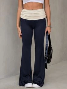 SHEIN Tall Contrast Color Folded Waist Flare Pants - Multicolor - View 1