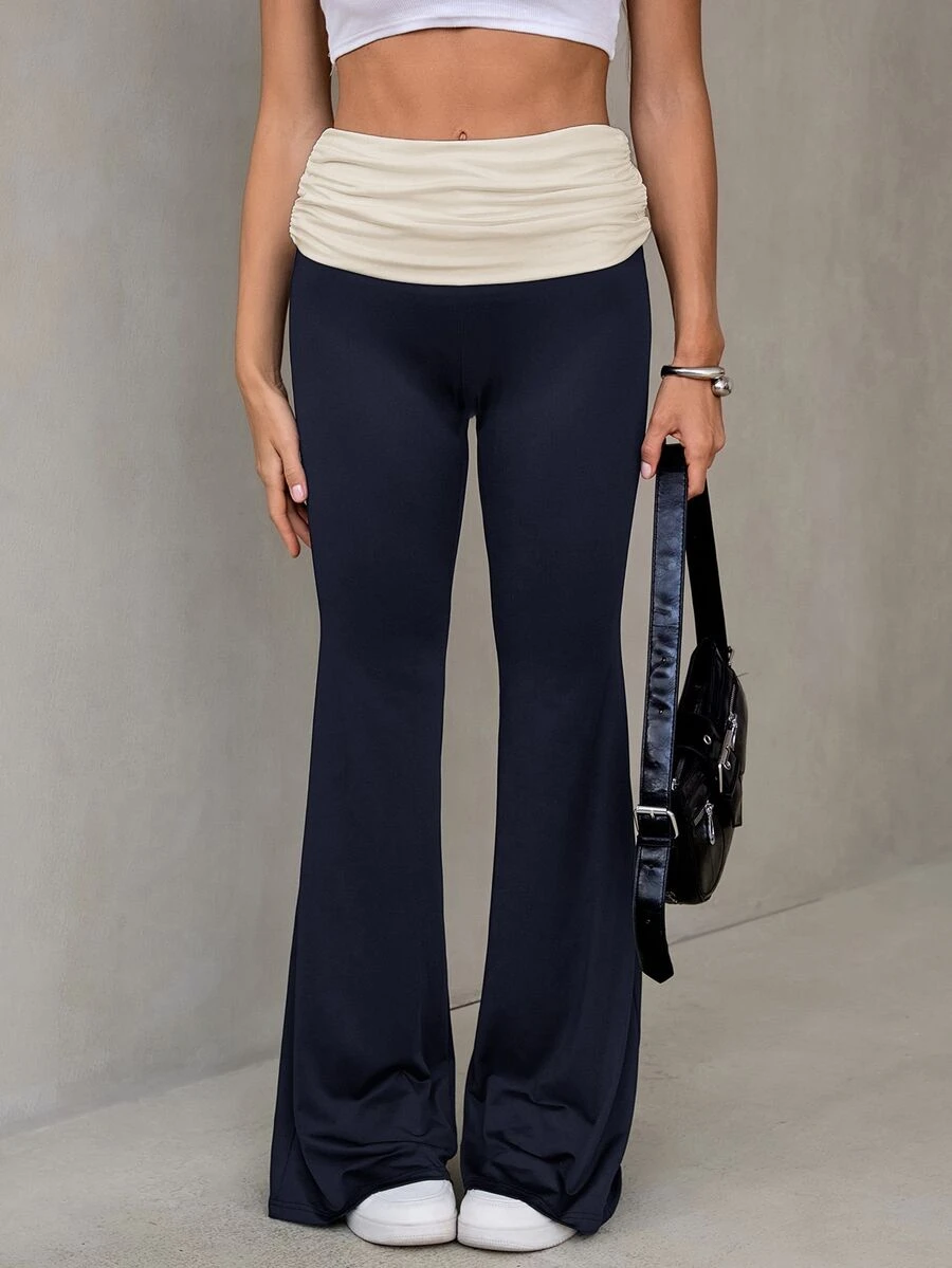 SHEIN Tall Contrast Color Folded Waist Flare Pants - Multicolor - View 1