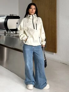 SHEIN EZwear 女款秋冬美式復古運動街頭風連帽拉鍊夾克外套 - 杏色 - 查看 5