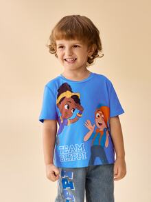 Blippi X SHEIN Young Boy Crew Neck Short Sleeve Casual Versatile T-Shirt - Blue - View 3