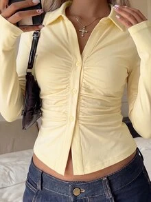 SHEIN EZwear 黃色針織修身女款T恤 - 淡黃色 - 查看 6