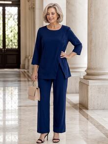 EMERY ROSE Middle-Aged And Elderly Women Solid Color Round Neck 3/4 Sleeve Top And Pants Set - Blue - View 6