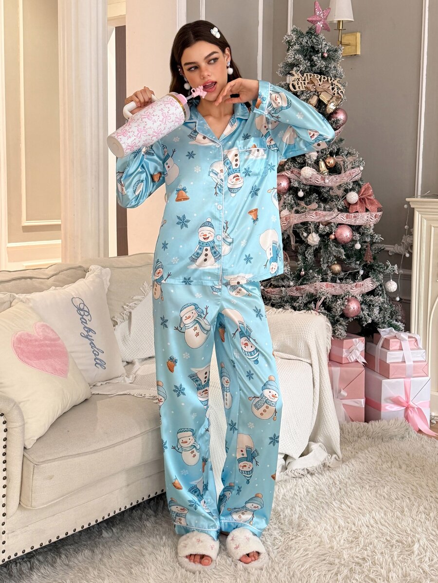 SweetSlumber Cute Christmas Snowman Snowflake Bell Print Lapel Satin Pajama Set For Women - Blue - View 1