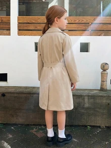 Hapijoa Tween Girl Loose Fit Turn Collar Autumn Long Sleeve Tie Khaki Solid Color Woven Trench Coat - Khaki - View 2