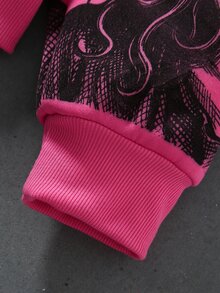 ROMWE MEN Street Life 男士鉚釘裝飾小天使印花圖案拉鍊連帽衛衣 - 玫紅色 - 查看 6